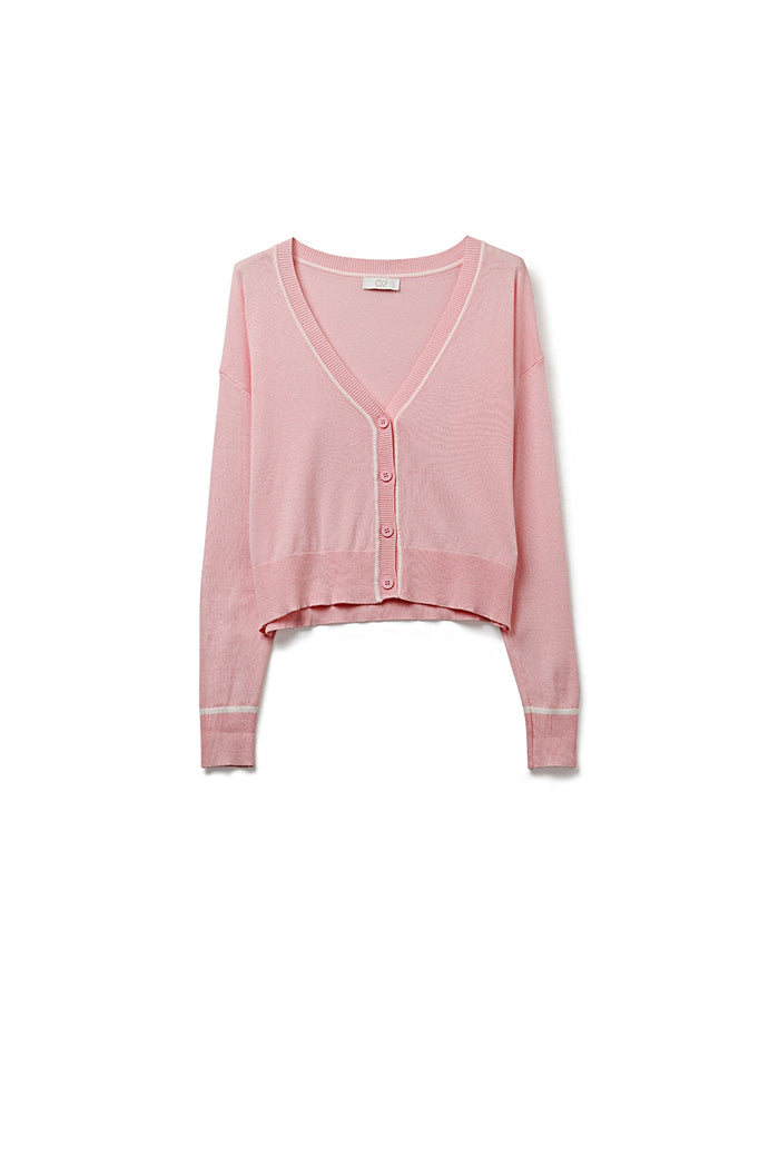 Pink Fine Knit Cardigan with Contrast Trim in white