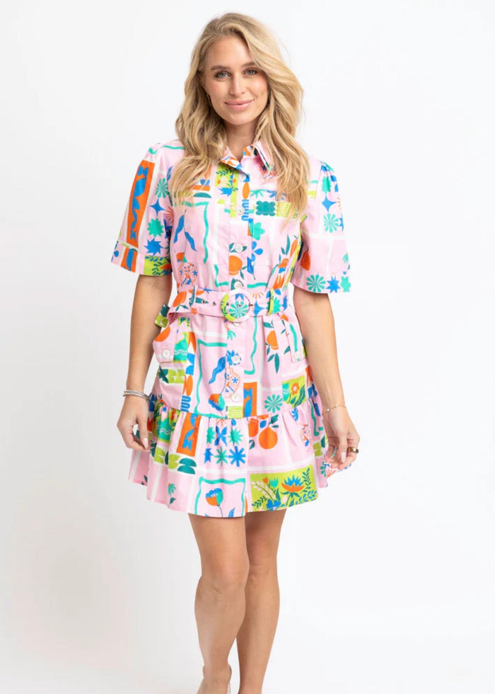 sale Pink Floral Frame Shirt Dress with Belt by Karlie spring easter dress