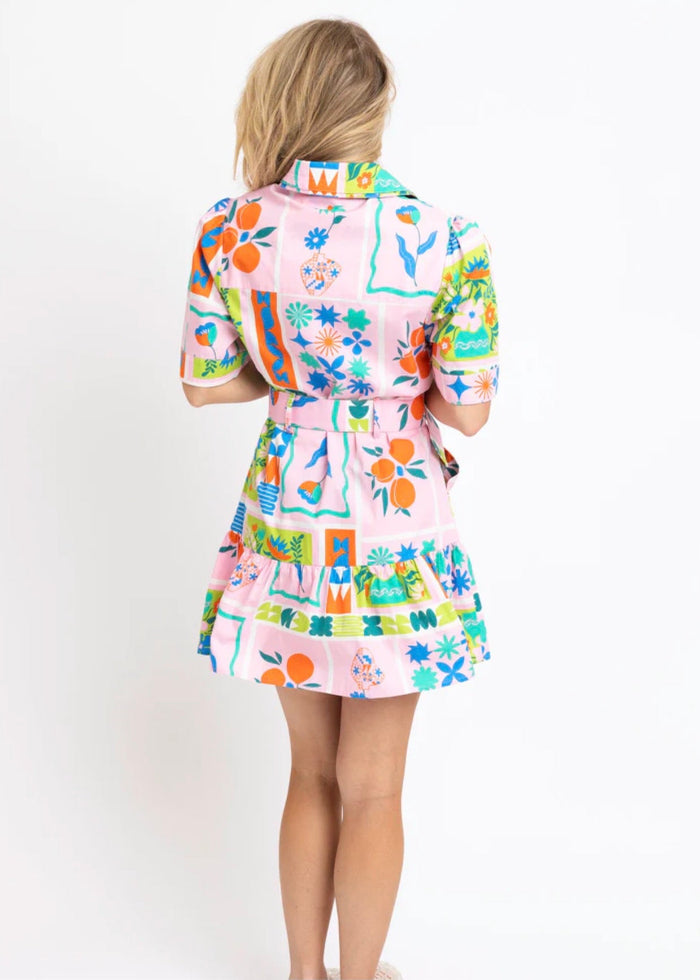 Pink Floral Frame Shirt Dress with Belt