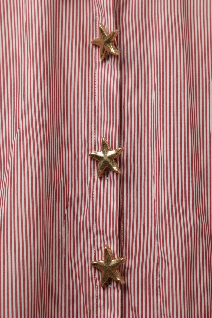 Pink Oversized Striped Poplin Shirt with Starfish Buttons - Shirts