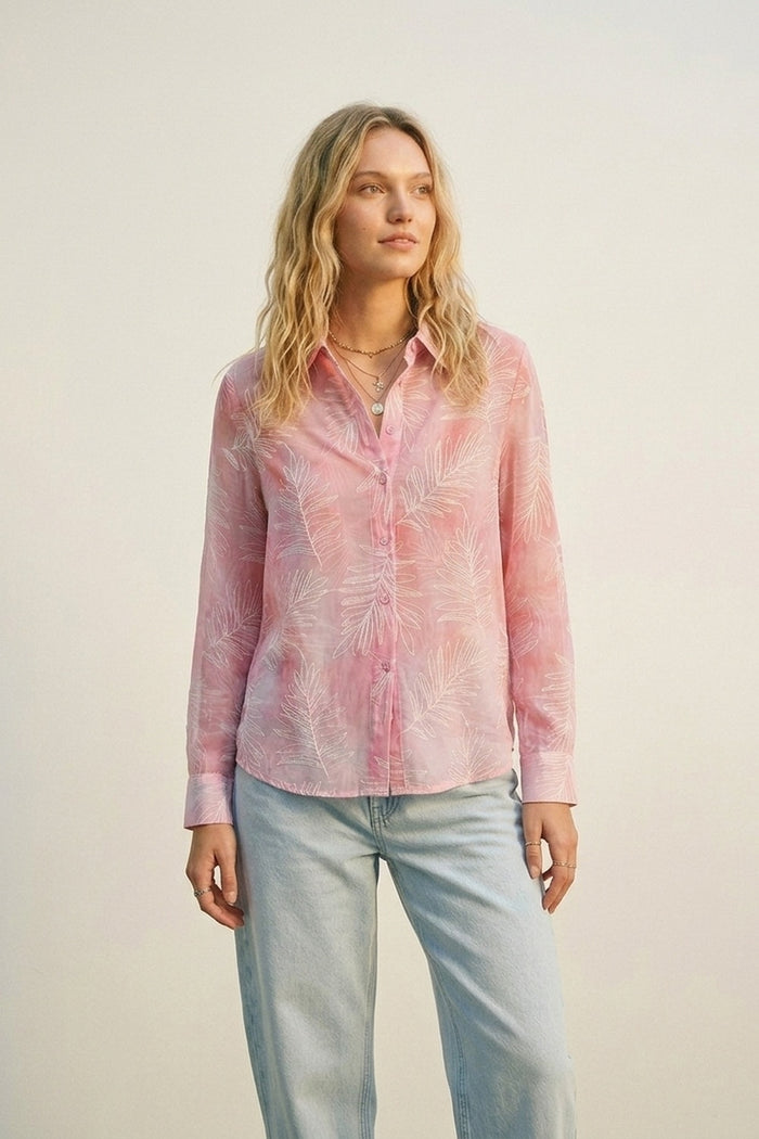 Pink Sheer Leaf Print Button-Up Shirt with translucent fabric - Shirts