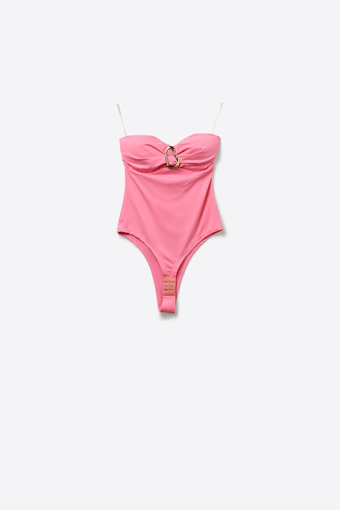 Pink Strapless Buckle Detail Bodysuit for Summer