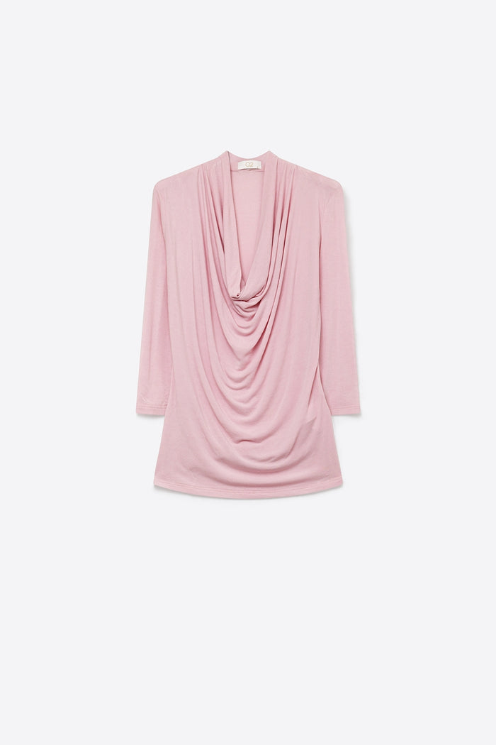 Pink three-quarter sleeve top with front draping and lightweight fabric