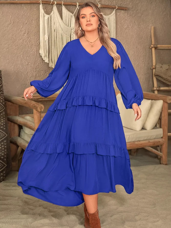 Plus Size Balloon Sleeve Ruffle Tiered Flowy Dress - Dresses