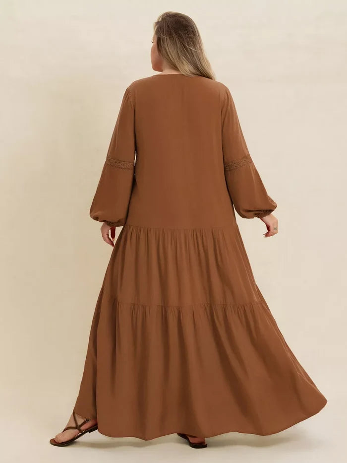 Plus Size Bohemian Tiered Maxi Dress with Balloon Sleeves - Dresses