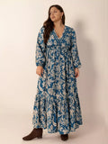 Plus Size Boho Floral Print Long Sleeve Maxi Dress Peacock Blue - Dresses