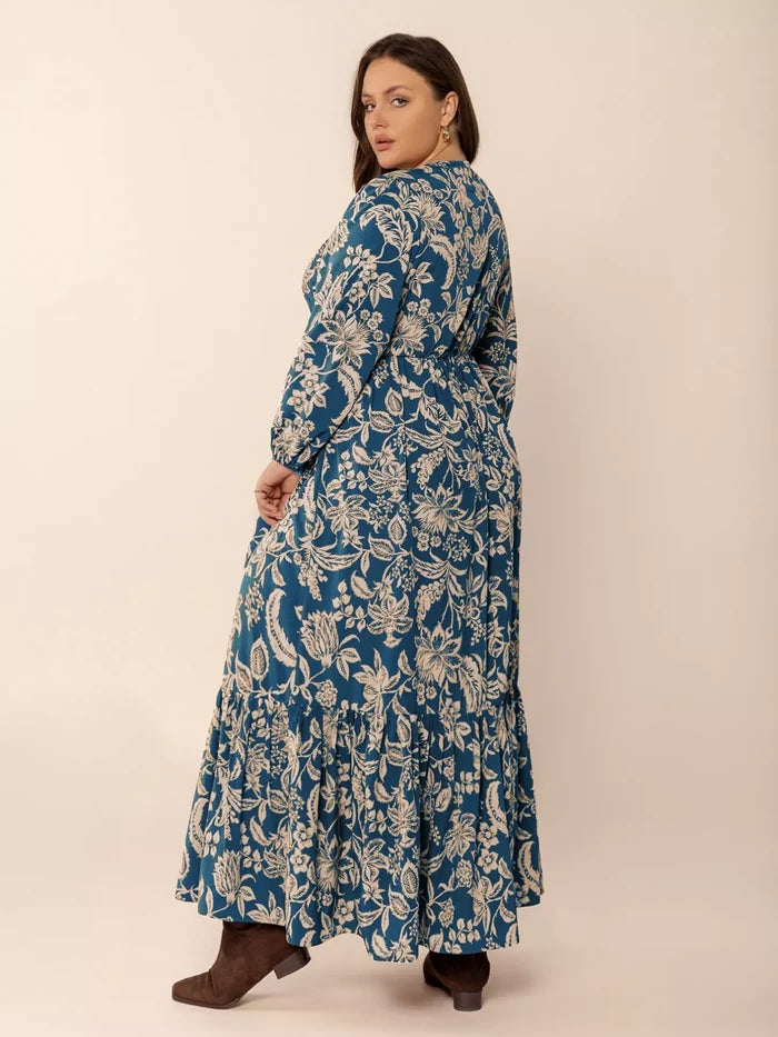 Plus Size Boho Floral Print Long Sleeve Maxi Dress - Dresses