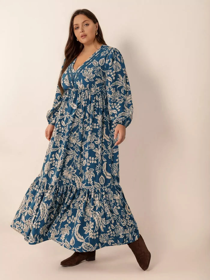 Plus Size Boho Floral Print Long Sleeve Maxi Dress - Dresses