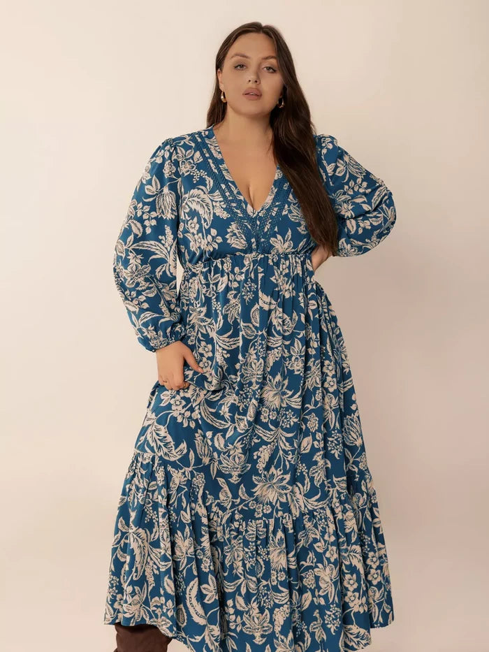 Plus Size Boho Floral Print Long Sleeve Maxi Dress - Dresses