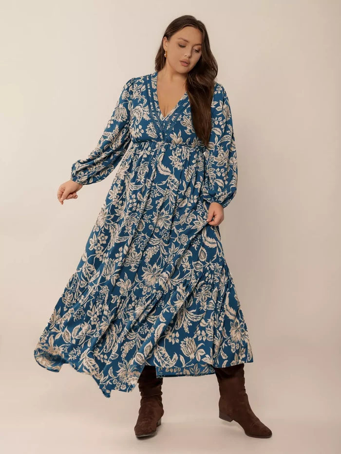 Plus Size Boho Floral Print Long Sleeve Maxi Dress - Dresses