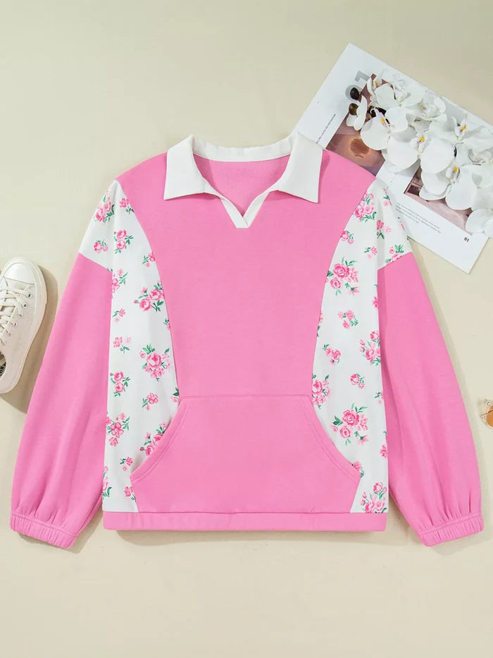 Plus Size Contrast Polo Collar Floral Patchwork Elastic Cuffs Long Sleeve Top - Polos