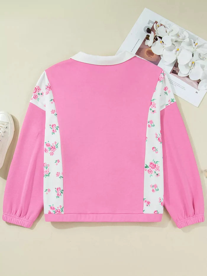 Plus Size Contrast Polo Collar Floral Patchwork Elastic Cuffs Long Sleeve Top - Polos