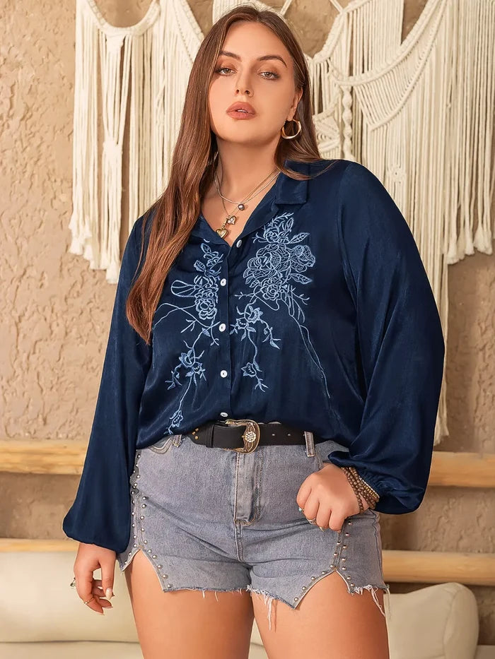 Plus Size Embroidered Long Sleeve Shirt Dark Blue - Shirts