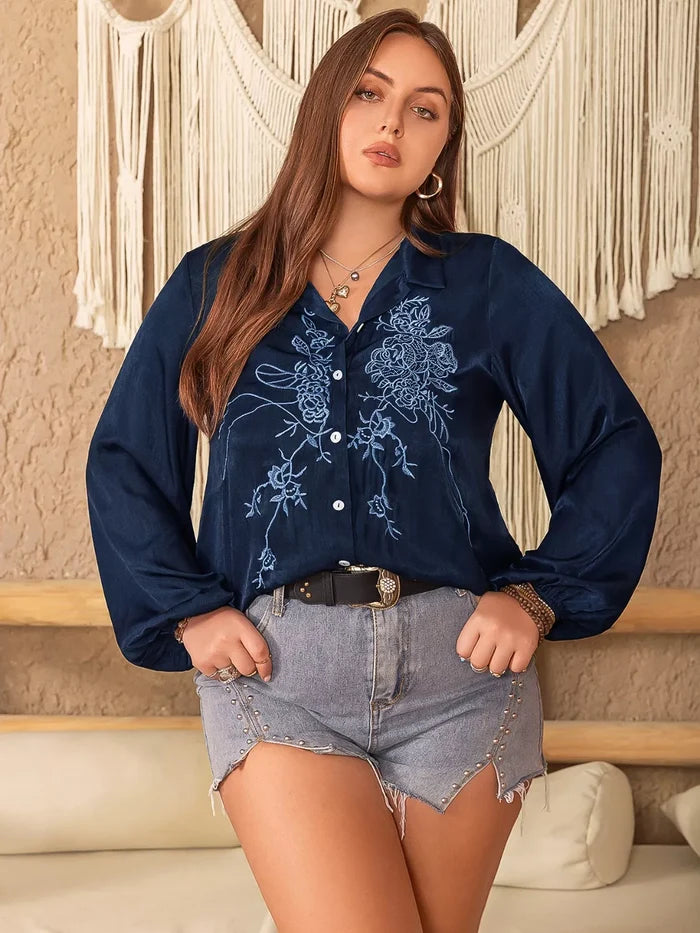 Plus Size Embroidered Long Sleeve Shirt - Shirts