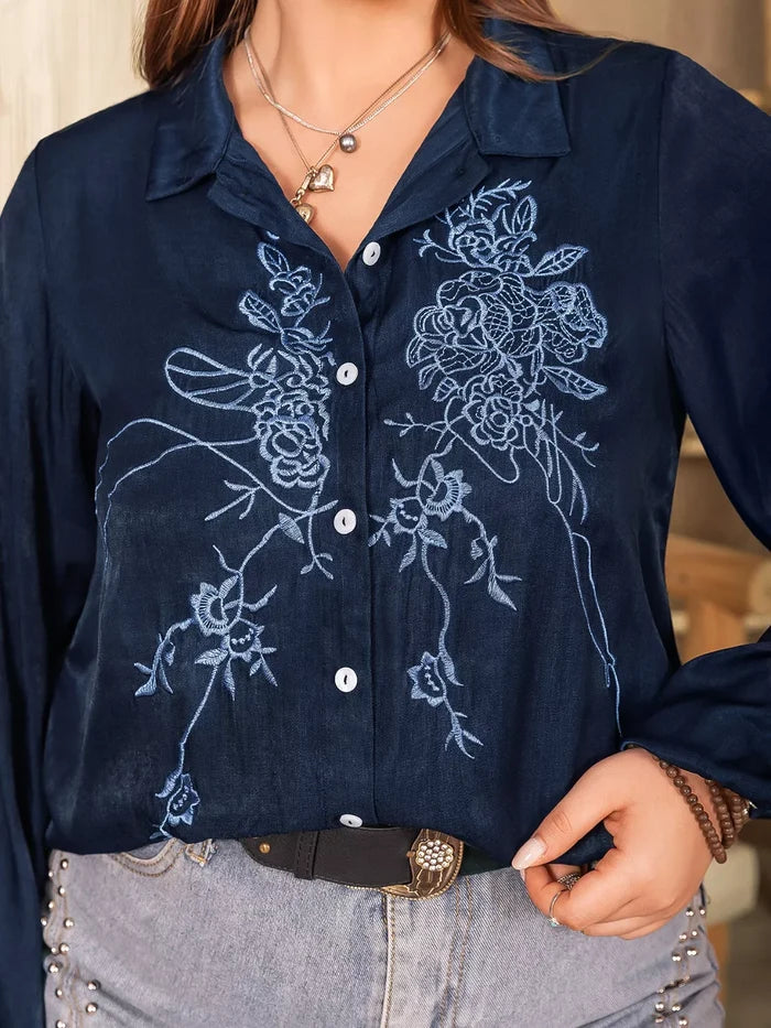 Plus Size Embroidered Long Sleeve Shirt - Shirts