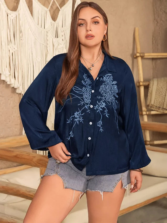 Plus Size Embroidered Long Sleeve Shirt - Shirts