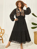 Plus Size Embroidered Tassel Balloon Sleeve Dress Black - Dresses