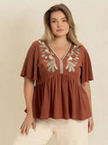 Plus Size Embroidered V-Neck Flutter Sleeve Blouse Caramel - Blouses