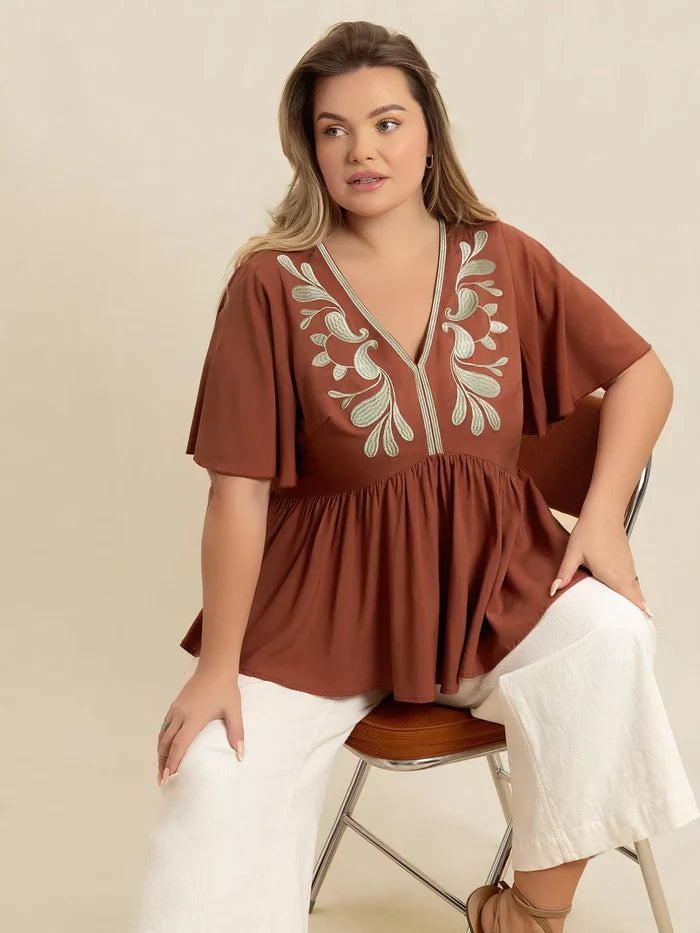 Plus Size Embroidered V-Neck Flutter Sleeve Blouse - Blouses