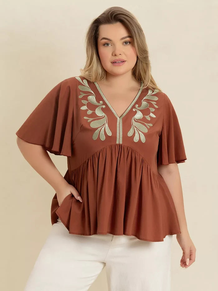 Plus Size Embroidered V-Neck Flutter Sleeve Blouse - Blouses