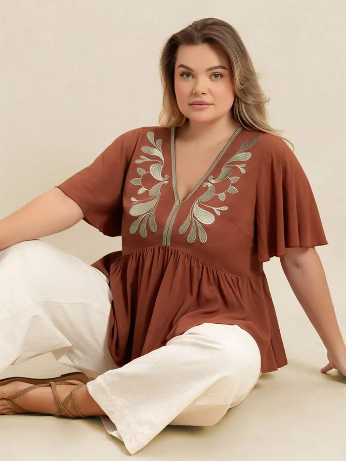 Plus Size Embroidered V-Neck Flutter Sleeve Blouse - Blouses