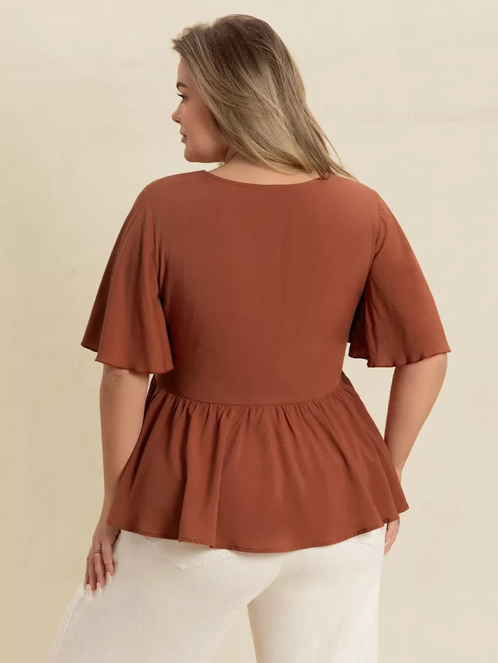 Plus Size Embroidered V-Neck Flutter Sleeve Blouse - Blouses