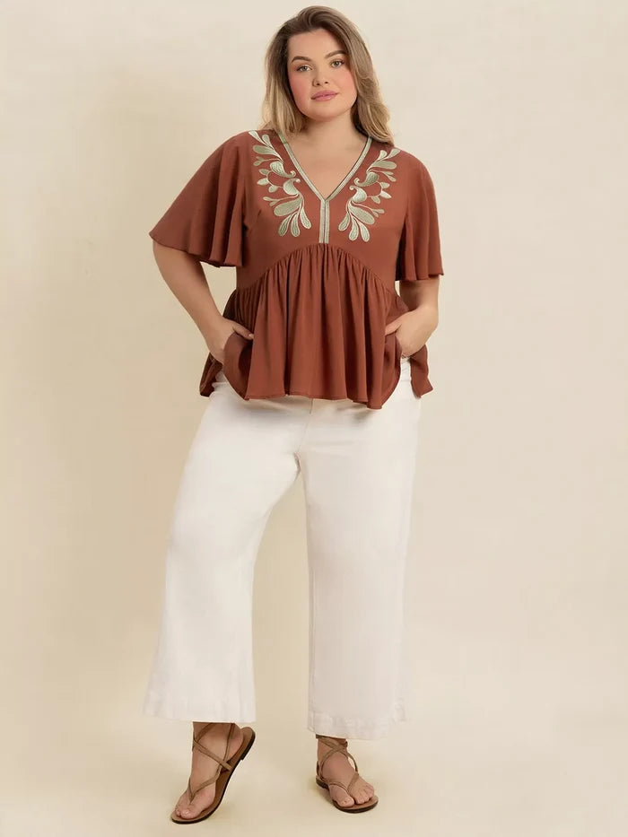Plus Size Embroidered V-Neck Flutter Sleeve Blouse - Blouses