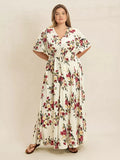 Plus Size Floral Flutter Sleeve Maxi Dress with Button Front Pastel Yellow - Dresses