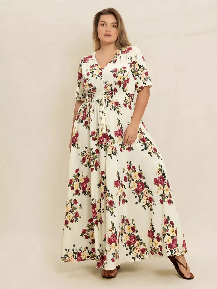 Plus Size Floral Flutter Sleeve Maxi Dress with Button Front - Dresses