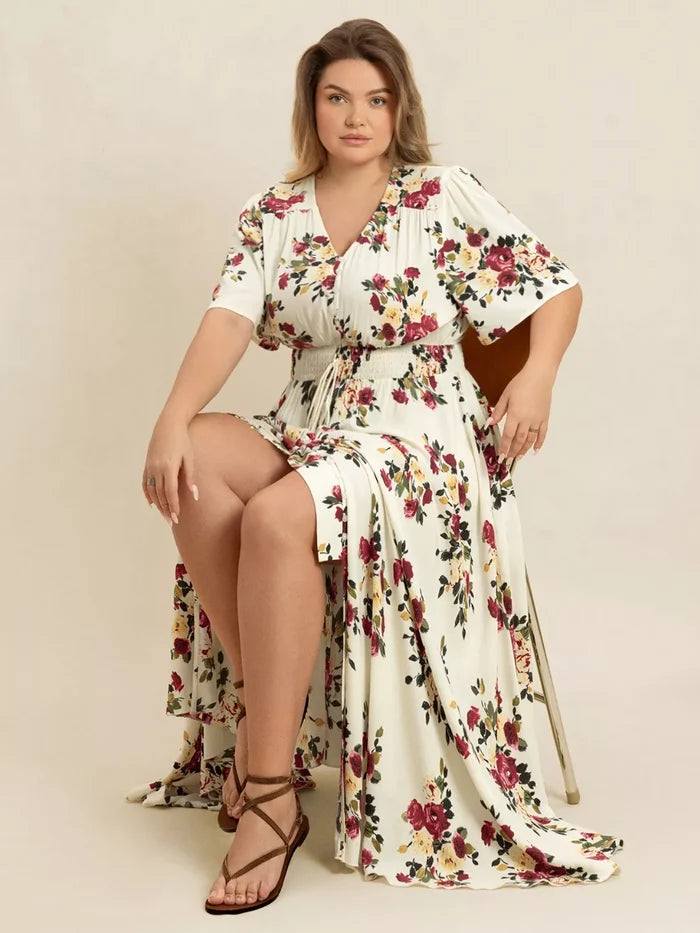 Plus Size Floral Flutter Sleeve Maxi Dress with Button Front - Dresses