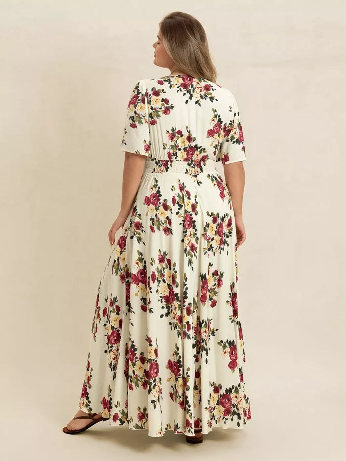 Plus Size Floral Flutter Sleeve Maxi Dress with Button Front - Dresses