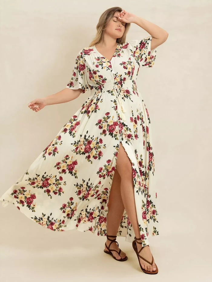 Plus Size Floral Flutter Sleeve Maxi Dress with Button Front - Dresses