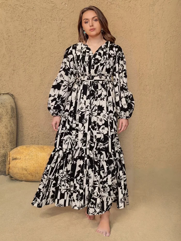 Plus Size Floral Print Balloon Sleeve Maxi Dress Black - Dresses
