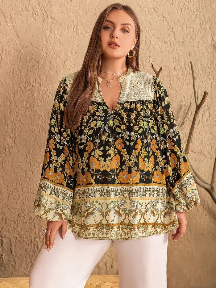 Plus Size Floral Print Notched Blouse - Blouses