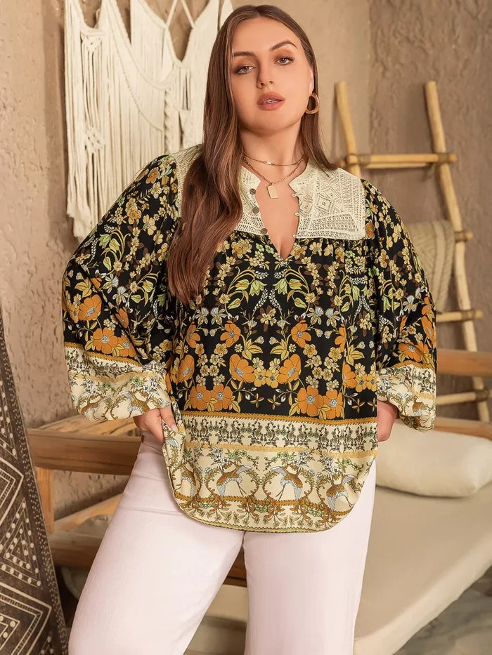 Plus Size Floral Print Notched Blouse - Blouses