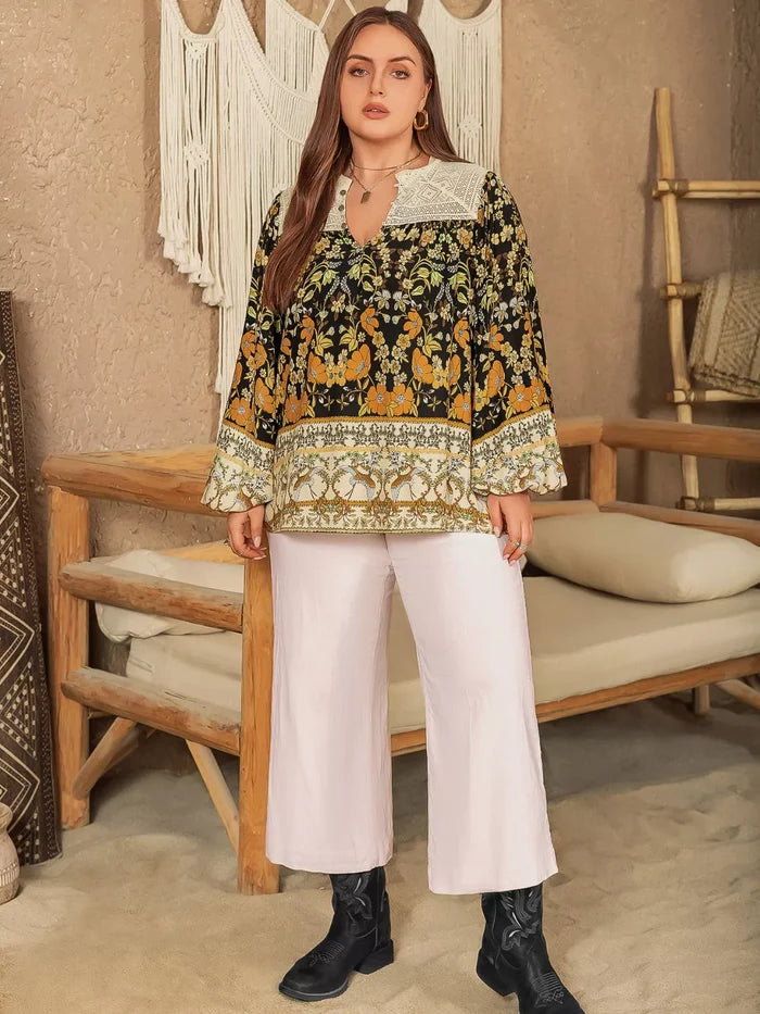 Plus Size Floral Print Notched Blouse - Blouses