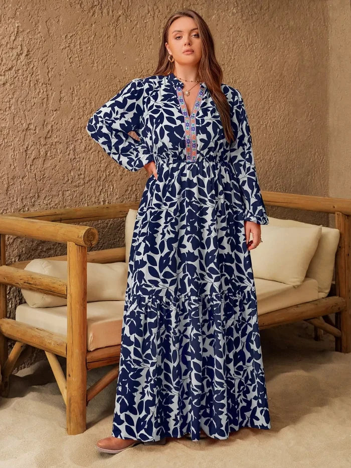 Plus Size Floral Print Notched Long Sleeve Maxi Dress - Dresses