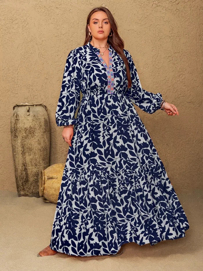 Plus Size Floral Print Notched Long Sleeve Maxi Dress - Dresses