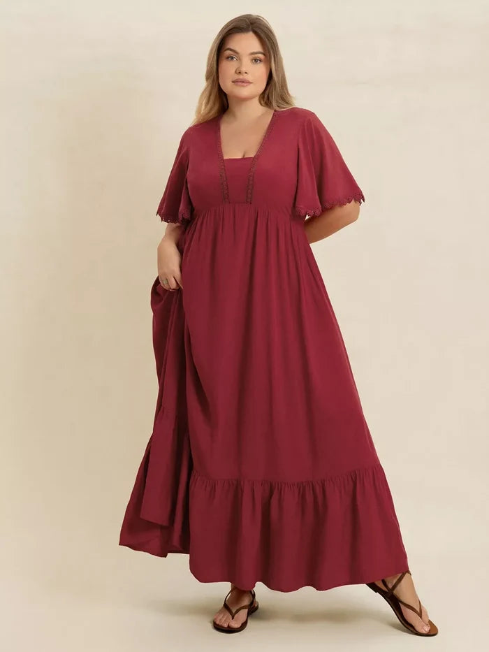 Plus Size Lace Detail Flutter Sleeve Maxi Dress Burgundy - Dresses