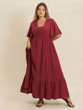 Plus Size Lace Detail Flutter Sleeve Maxi Dress Burgundy - Dresses