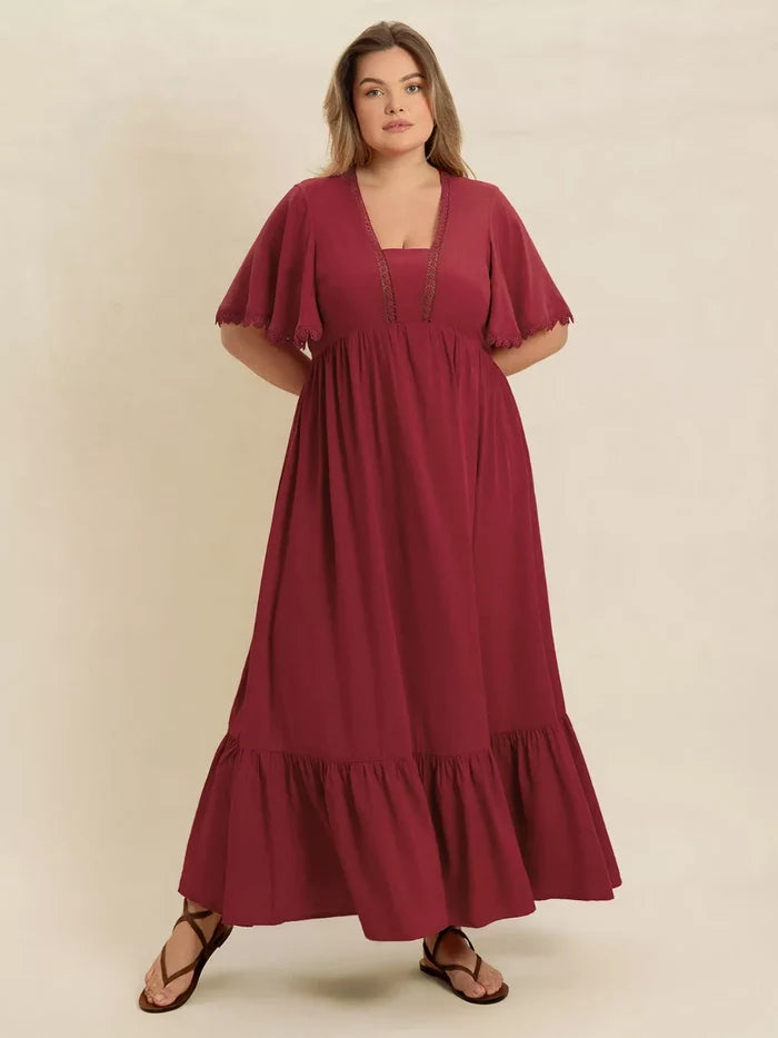 Plus Size Lace Detail Flutter Sleeve Maxi Dress - Dresses