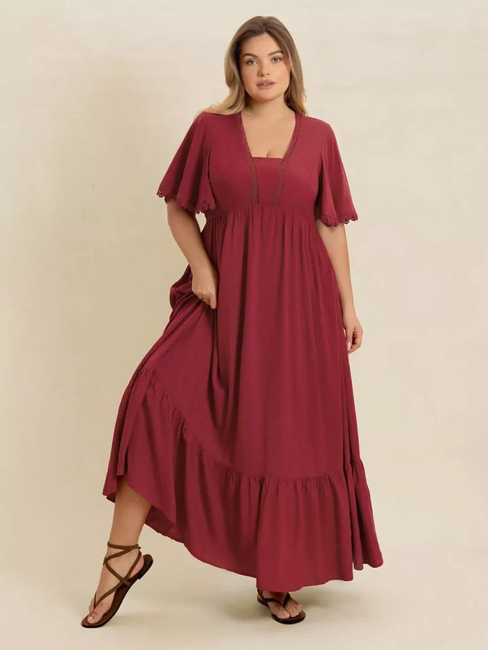 Plus Size Lace Detail Flutter Sleeve Maxi Dress - Dresses