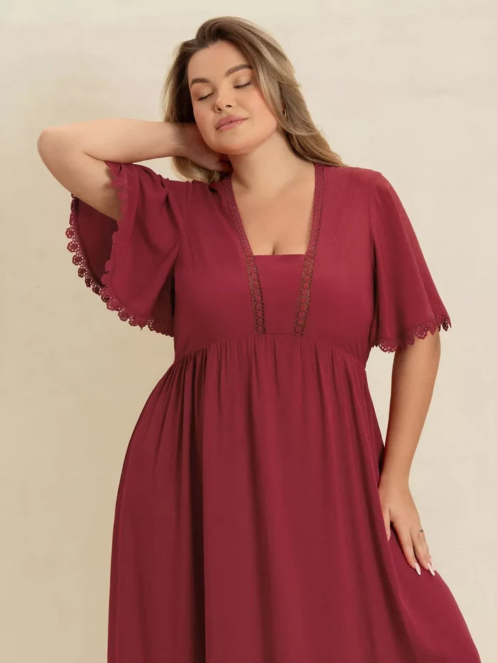 Plus Size Lace Detail Flutter Sleeve Maxi Dress - Dresses