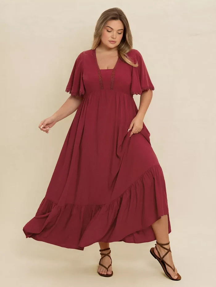 Plus Size Lace Detail Flutter Sleeve Maxi Dress - Dresses