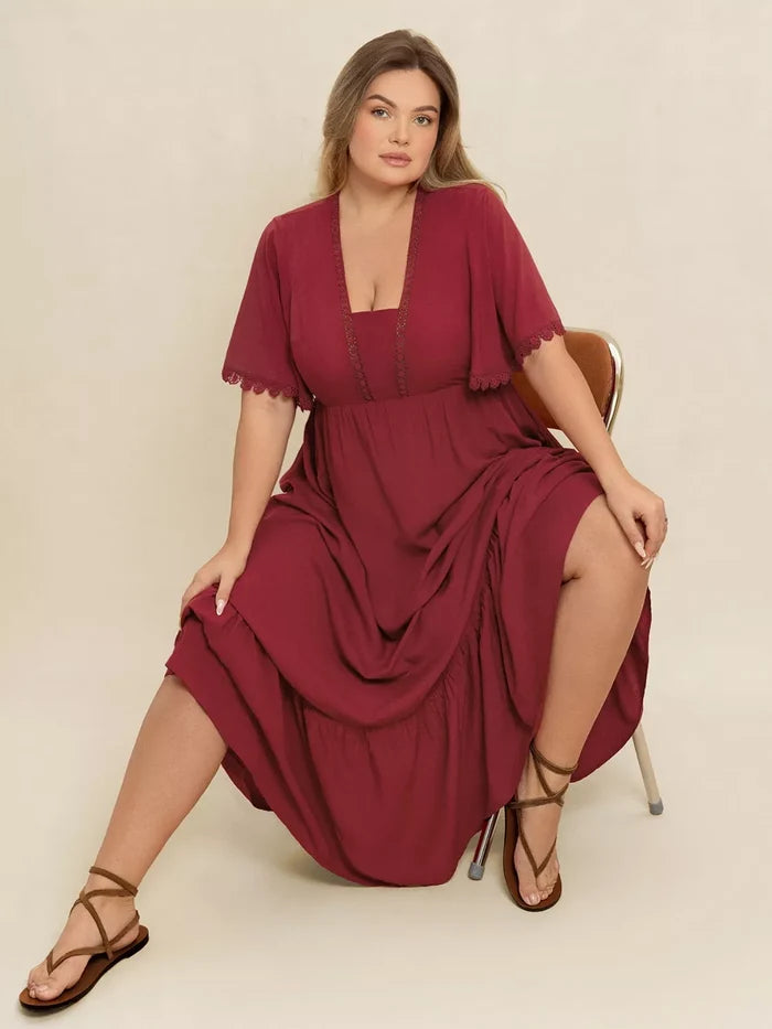 Plus Size Lace Detail Flutter Sleeve Maxi Dress - Dresses