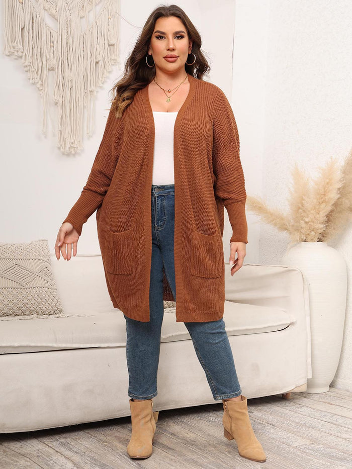 Plus Size Open Front Cardigan With Pockets Ochre - Cardigans