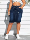 Plus Size Pearl Embellished Frayed Hem Denim Skirt Dark Blue - Skirts