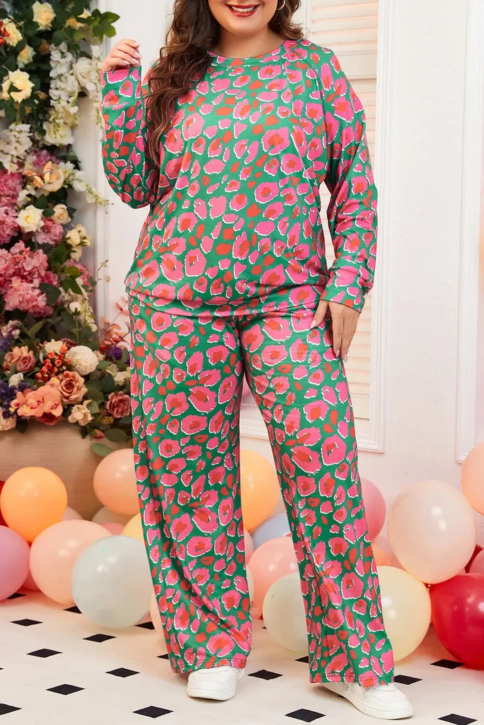 Plus Size Printed Loungewear Set for Comfort Deep Rose - Lounge
