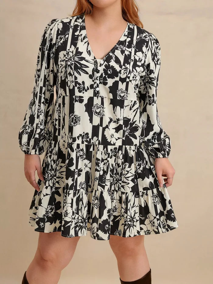 Plus Size Printed V-Neck Long Sleeve Mini Dress Black - Dresses