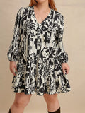 Plus Size Printed V-Neck Long Sleeve Mini Dress Black - Dresses